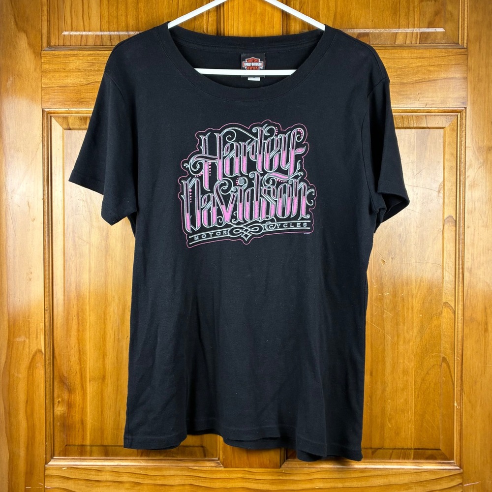 Harley Davidson Womens XL Black Pink Graphic T-Shirt Yeager's Sedalia MO Biker